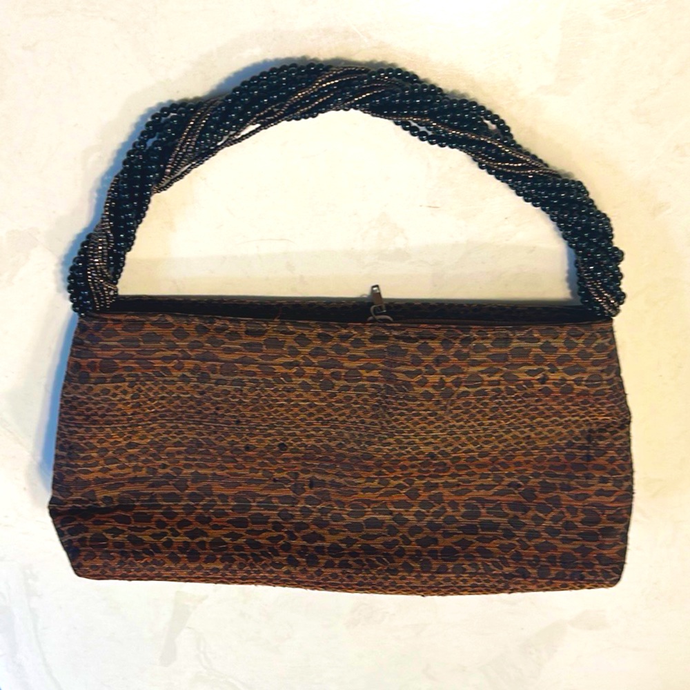 Vintage Inge Christopher Cheetah Print Beaded Handle Brushed Silk Evening Bag